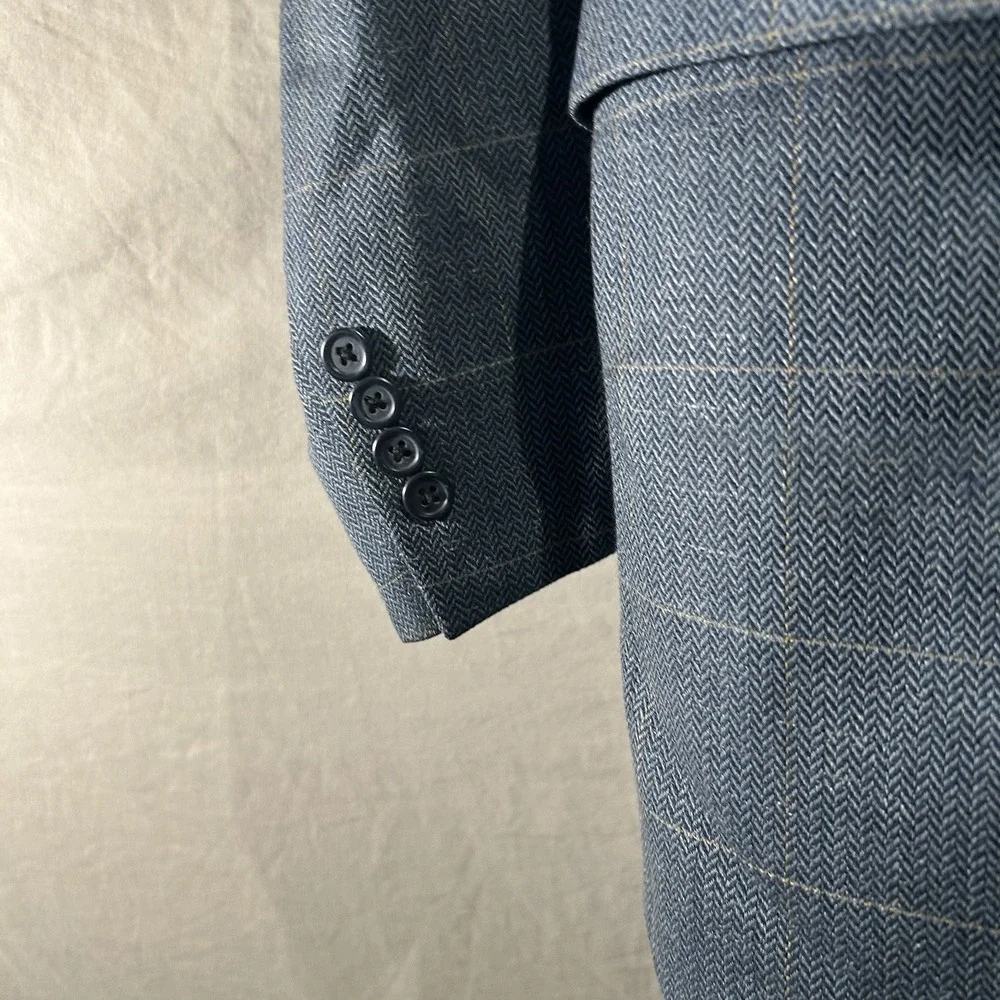 Jos A Bank Mens 46R Silk Wool Blend Blazer Blue Windowpane Plaid Sport Coat